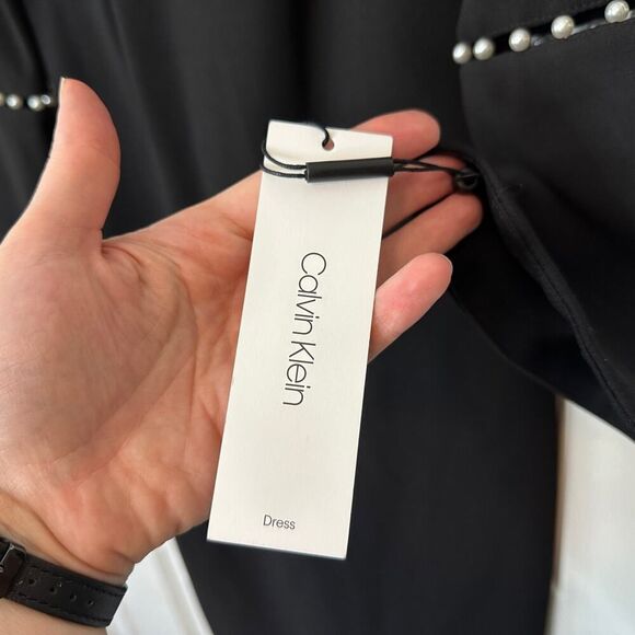 Calvin Klein Little Black Sheath Dress | NWT Size 2 | Bell Sleeve Pearl Detail - Picture 8 of 13